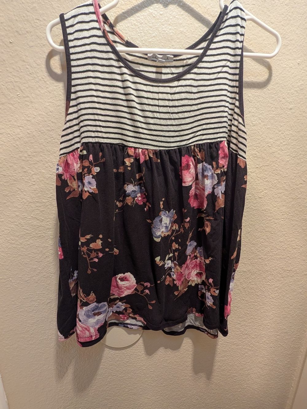 Striped Yoke Floral Tank Top - Black with Pink Floral boxi
